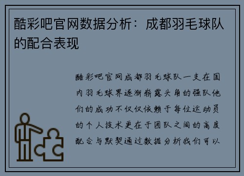 酷彩吧官网数据分析：成都羽毛球队的配合表现