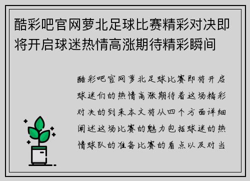酷彩吧官网萝北足球比赛精彩对决即将开启球迷热情高涨期待精彩瞬间