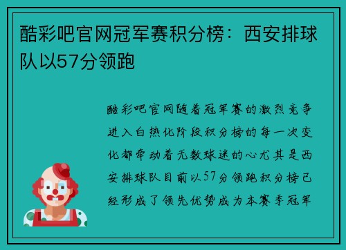 酷彩吧官网冠军赛积分榜：西安排球队以57分领跑