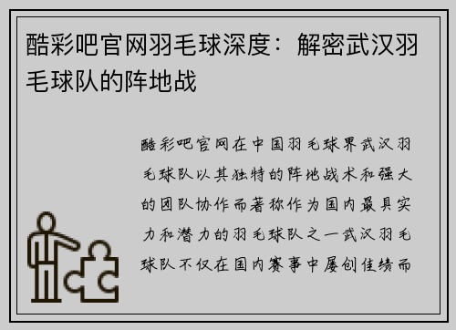 酷彩吧官网羽毛球深度：解密武汉羽毛球队的阵地战