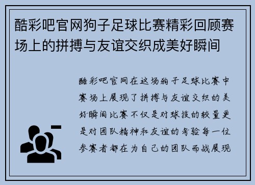 酷彩吧官网狗子足球比赛精彩回顾赛场上的拼搏与友谊交织成美好瞬间